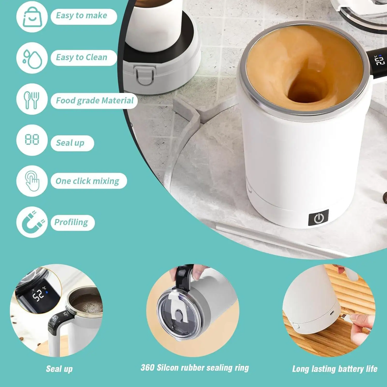 Automatic Stirring Coffee Cup. Rechargeable Automatic Stirring Cup with Temperature Display. Drinking Cup Lid with Straw. Suitable for Coffee. Tea and Hot Chocolate - Imagen 8