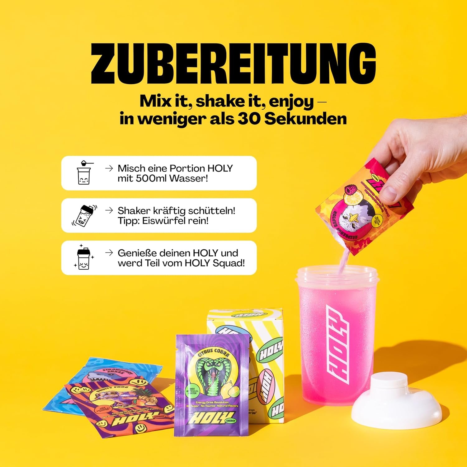 HOLY Energy Gaming Booster „Watermelon Whale“ – Getränkepulver mit Wassermelonen-Geschmack, 50 Portionen, mit NewCaff® & Grüntee-Extrakt, Energy-Drink-Pulver für Fokus und Konzentration, vegan, 100 % natürliche Fruchtaromen - Image 5
